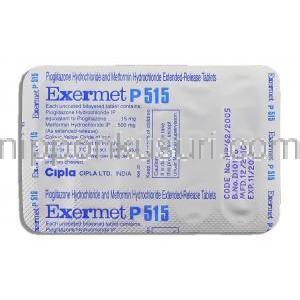エクサーメット Exermet, ピオグリタゾン・メトホルミン 15mg/500mg 箱 (Cipla) 包装裏面