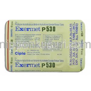 エクサーメット Exermet, ピオグリタゾン・メトホルミン30mg/500mg 箱 (Cipla) 包装裏面