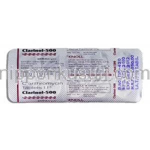クラリノル500 Clarinol-500, クラリス ジェネリック, クラリスロマイシン 500mg 錠 (Alkem) 包装裏面