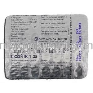 E-コニック E-Conik 1.25, プレマリン ジェネリック, 結合型エストロゲン, 1.25mg, 錠 包装裏面