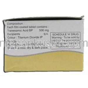 ポーズ500 Pause-500, シクロカプロン  ジェネリック, トラネキサム酸, 500mg, 錠 箱側面