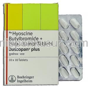 ヒヨスチン / ブチルブロミド / アセトアミノフェン配合, Buscopan Plus, 10MG / 500MG 錠 (Boehringer Ingelheim)