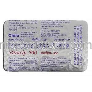 パラシップ500 Paracip-500, ファラセタモール ジェネリック, アセトアミノフェン, 1箱90錠入り,500 mg, 包装裏面