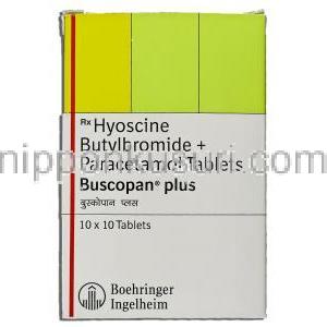 ヒヨスチン / ブチルブロミド / アセトアミノフェン配合, Buscopan Plus, 10MG / 500MG 錠 (Boehringer Ingelheim) 箱