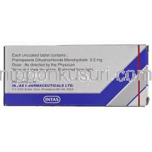 プラミロール0.5 Pramirol-0.5, ビ・シフロール ジェネリック, プラミペキソール, 0.5 mg, 錠 箱裏面