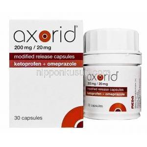 アキソリド Axorid, ケトプロフェン 200mg,  オメプラゾール 20mg, 箱、カプセルボトル
