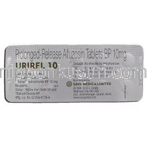 ユリレル10 Urirel 10, ウロザトラル ジェネリック, アルフゾシン, 10mg, 持効性放出 錠 包装裏面
