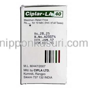 シプラーLA40 Ciplar-LA 40, インデラル ジェネリック, プロプラノロール 40mg, 持続型錠 製造者情報