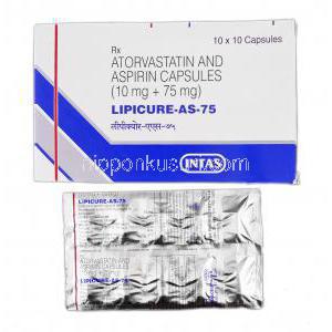 リピキュア-AS-75 Lipicure-AS-75, リピトール ASP  ジェネリック, アトルバスタチン/ アスピリン, 10mg/ 75 mg, 錠