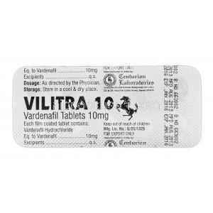 ビルトラ10 Vilitra 10, レビトラ ジェネリック, バルデナフィル, 10 mg, 錠, 包装裏面