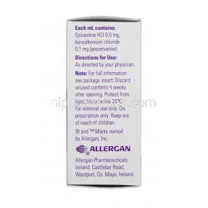 リレスタット Relestat Eyedrop 5ml, エレスタット ジェネリック, エピナスチン, 0.5mg/ ml, 点眼薬, 箱側面