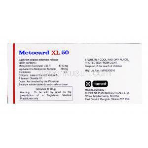メトカードXL25 Metocard XL 25,  Toprol XL, セロケン/ロプレソール ジェネリック, 25mg, 錠, 箱裏面