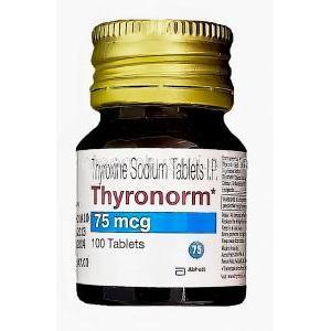 チロノーム Thyronorm、ジェネリックシンスロイド　Synthroid、チロキシンナトリウム75mcg　ボトル