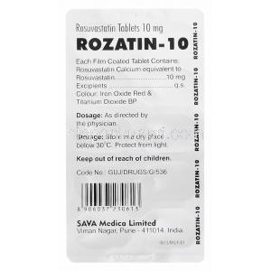 Rozatin-10　ロザチン、ジェネリッククレストール、ロスバスタチン10 mg 包装裏面