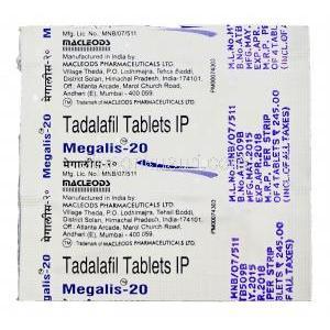 メガリス-20 タダラフィル 20mg, 錠, ブリスターパック　情報　Macleods Pharma（インド）製