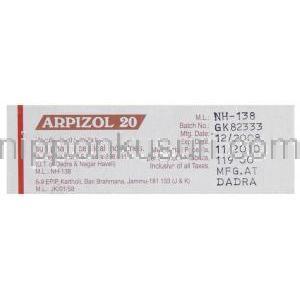 アリピゾル, アリピプラゾール 20MG錠 , Arpizol, (Sun pharma)