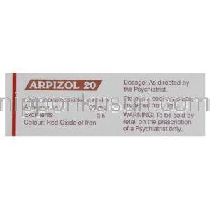 アリピゾル, アリピプラゾール 20MG錠 , Arpizol, (Sun pharma) ボックス裏面