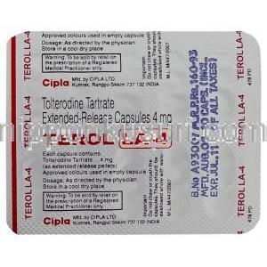 テロルLA, 酒石酸トルテロジン 4mg カプセル （Cipla） 包装裏面