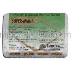 スーパーアバナ Super Avana, アバナフィル 100mg, ダポキセチン 60mg, 錠 包装裏面