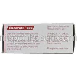エンコレート500 Encorate 500, デパケン ジェネリック, バルプロ酸, 500mg, 錠 箱記載情報