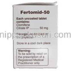 フェートミッド50 Fertomid-50,クロミッド ジェネリック, クロミフェン,50mg 箱側面・成分情報