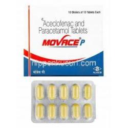 モベイス P (アセクロフェナク 100mg/ アセトアミノフェン 500mg) 箱、錠剤
