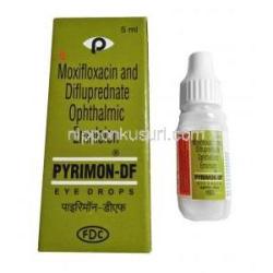 ピリモン-DF 点眼薬 (モキシフロキサシン/ ジフルプレドナート) 箱、点眼ボトル