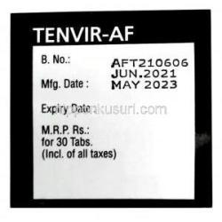 テンビル AF, テノホビル 25 mg, 製造元：Cipla, 箱情報, 製造日, 消費期限