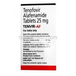 テンビル AF, テノホビル 25 mg, 製造元：Cipla, 箱情報, 成分, 保管方法