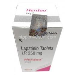 ヘルデュオ, ラパチニブ 250 mg, 製造元：Natco Pharma Ltd, 箱上面