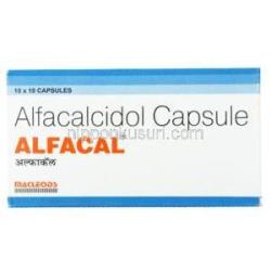 アルファカル , アルファカルシドール 0.25mcg カプセル,製造元： Macleods Pharmaceuticals Pvt Ltd, 箱表面