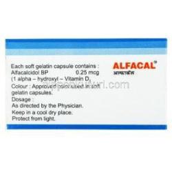 アルファカル , アルファカルシドール 0.25mcg カプセル,製造元： Macleods Pharmaceuticals Pvt Ltd, 箱側面