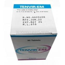 テンビル EM,  エムトリシタビン 200 mg / テノホビル 300 mg, 30 錠, 製造元：Cipla, 箱情報, 製造日, 消費期限