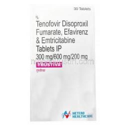 トラスティバ, エムトリシタビン 200mg/ テノホビルジソプロキシルフマル酸塩 300mg/ エファビレンツ 600mg, 30錠, 製造元：Hetero Drugs,箱表面