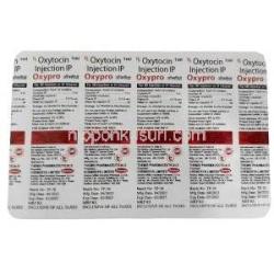 オキシプロ注射,オキシトシン 5 IU, 5本 x 1mL 注射アンプル, 製造元：Themis Pharmaceuticals,注射パッケージ情報