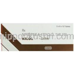 ニフェジピン / アテノロール配合, Nilol, 20mg/ 50mg 錠 (Intas) 箱