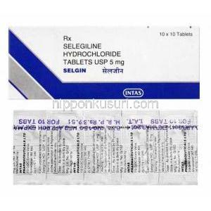 セルギン, セレギリン  5 mg 錠 Intas 箱、錠剤