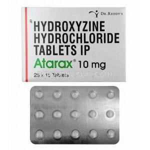 アタラックス, 塩酸ヒドロキシジン 10mg 錠 (Dr Reddy's) 箱、錠剤