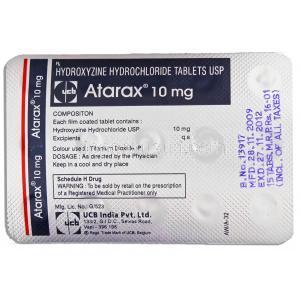 アタラックス, 塩酸ヒドロキシジン 10mg 錠 (UCB India)