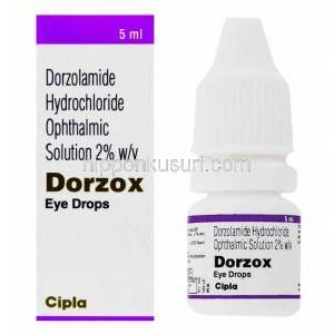 ドルゾラミド（トルソプトジェネリック）, Dorzox, 2% 5ML点眼薬 (Cipla) 箱、点眼ボトル