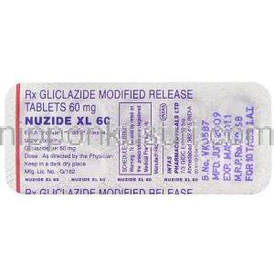 グリクラジド（グリミクロンジェネリック）, Nuzide XL,  グリクラジド 60mg 錠 (Intas) 包装裏面