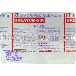 セフロキシムアキセチル（オラセフジェネリック）, Greatum, 500mg 錠 (Biochem) 包装裏面