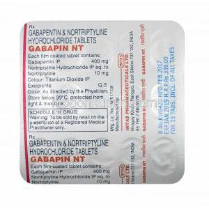 ガバピン NT (ガバペンチン/ ノルトリプチリン) 400mg 錠剤裏面