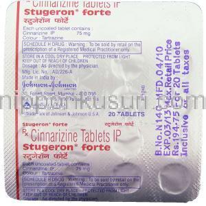 シンナリジン, Stugeron Forte, 75 mg 錠 (Johnson and Johnson) 包装