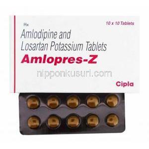 アムロジピン / ロサルタン配合, AMLOPRES-Z, 5MG/ 50MG 錠 (Cipla) 箱、錠剤