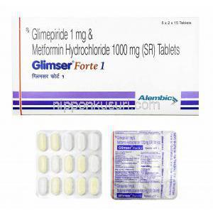 グリムザーフォルテ (グリメピリド/ メトホルミン) 1mg 箱、錠剤
