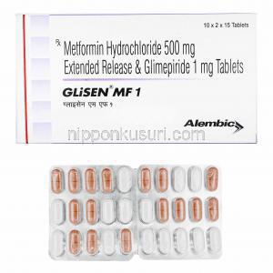 グリセン MF (グリメピリド/ メトホルミン) 1mg 箱、錠剤
