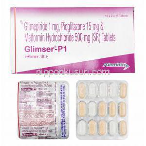 グリムザー P (グリメピリド/ メトホルミン/ ピオグリタゾン) 1mg 箱、錠剤