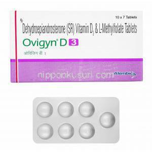 オビジン D3 (デヒドロエピアンドロステロン/ L-メチルフォレート/ ビタミンD3) 箱、錠剤