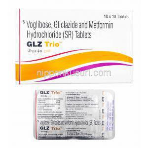 Glz トリオ (ボグリボース/ メトホルミン/ グリクラジド) 箱、錠剤